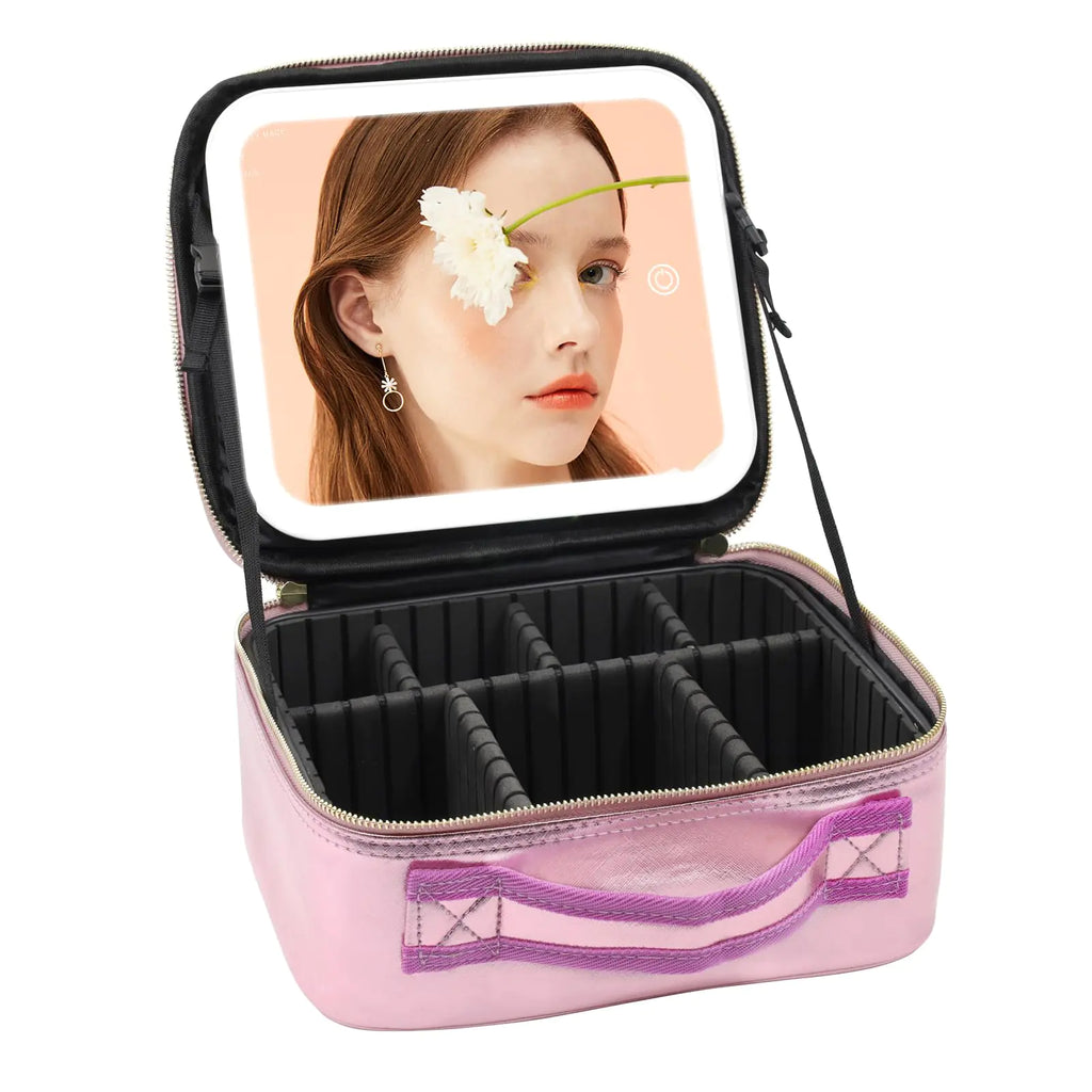 Travel Makeup Bag with Light up Mirror Makeup Case with Mirror and Lights with Detachable 10X Magnifying Mirror Adjustable Dividers Golden Rose