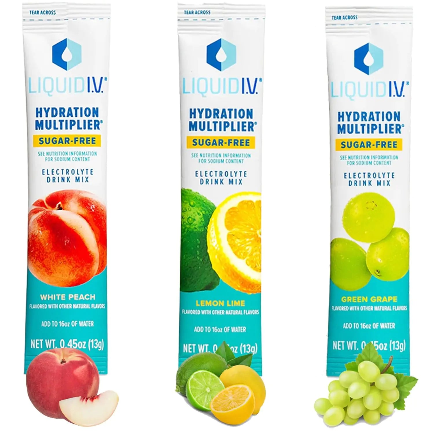 Hydration Multiplier Liquid IV Sugar-Free - Grape Lemon Lime White Peach - 12 Pack Assortment
