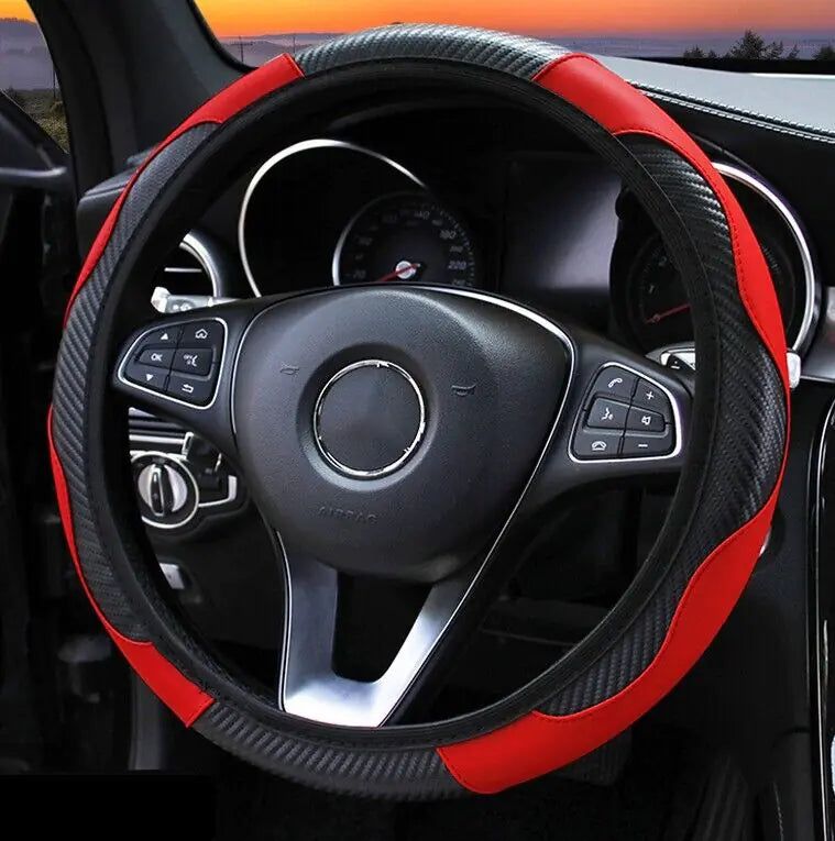 Car Steering Wheel Cover Red Black Leather Anti-slip For 15"/38cm Carbon Fiber