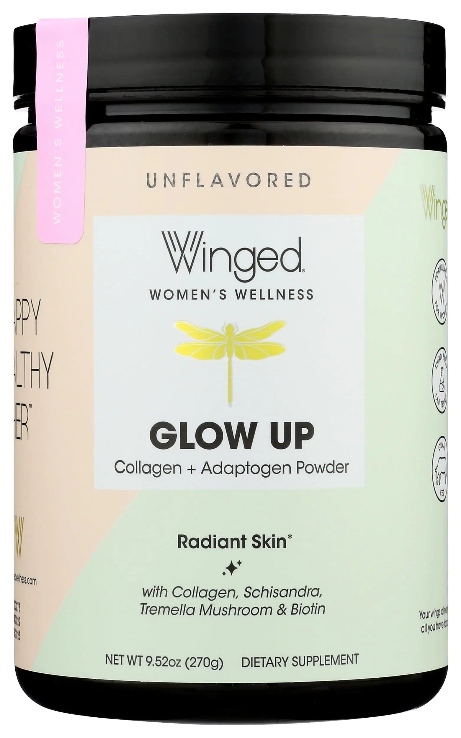 Winged Glow Up Collagen Powder | Better Hair Skin Nails for Women | Grass Fed Collagen Peptides w/Adaptogen Schisandra Snow Mushroom Vitamin C & Biotin | Unflavored (25 Servings) Non GMO