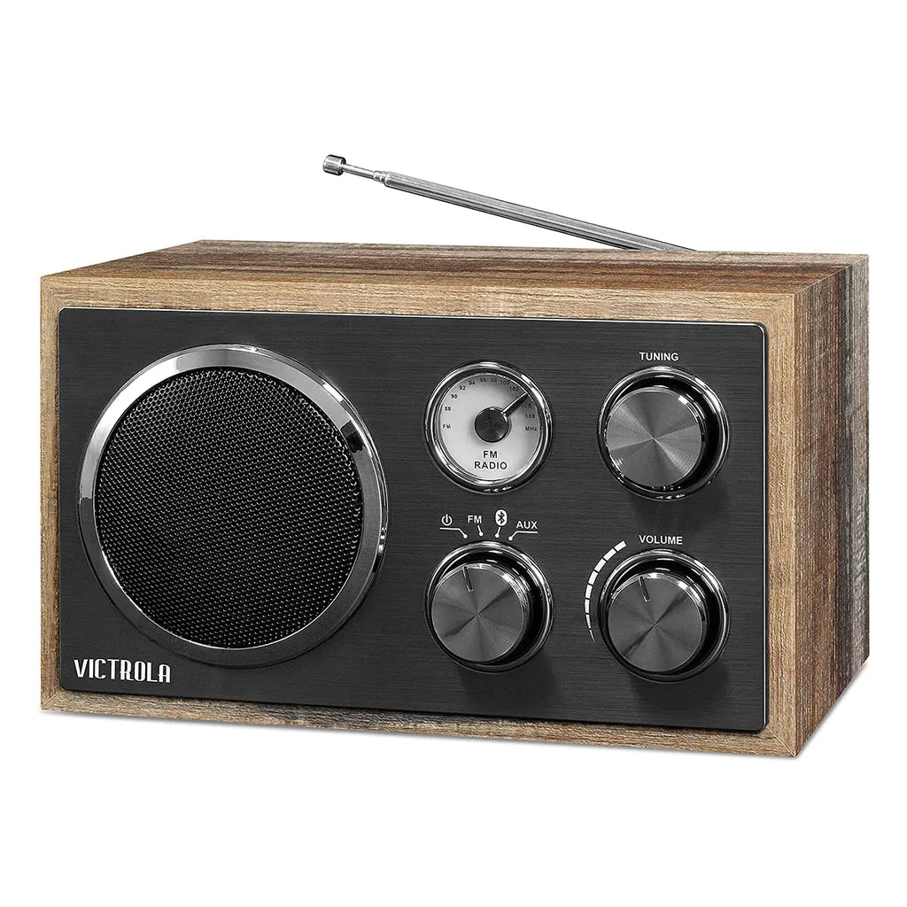 Victrola Wooden Desktop FM Radio with Bluetooth Farmhouse Shiplap Grey