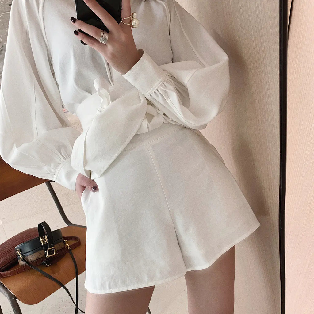 Women's Spring White Shirt and Wide-Leg Shorts Set