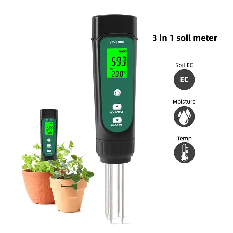 Portable Backlit 3-in-1 Soil Detector with EC Display