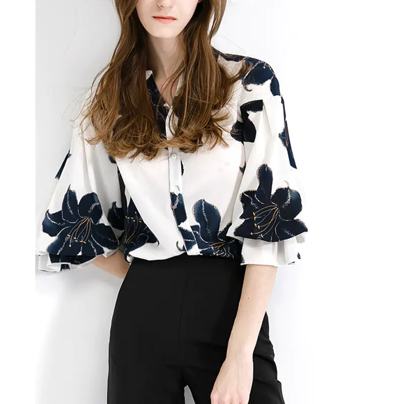 Chiffon Women's Loose 3/4 Sleeve Floral Blouse