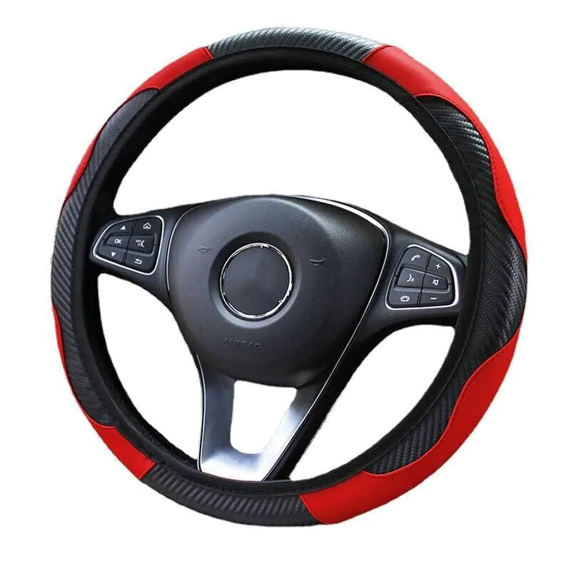 Car Steering Wheel Cover Red Black Leather Anti-slip For 15"/38cm Carbon Fiber