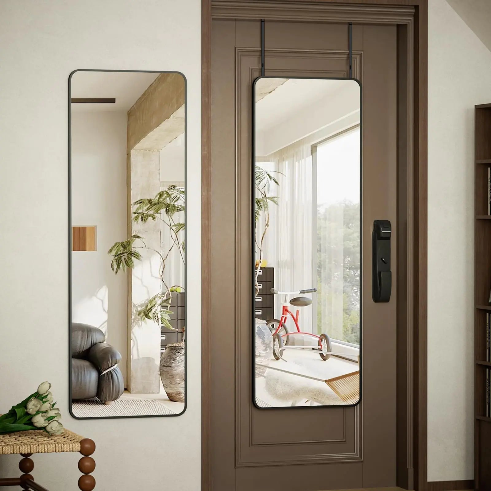 BEAUTYPEAK Full Length Mirror 14" x 48" Over The Door Mirror Aluminum Alloy Large Hanging Mirrors Wall Mounted Body Dressing Mirror for Bedroom Living Room Bathroom Black