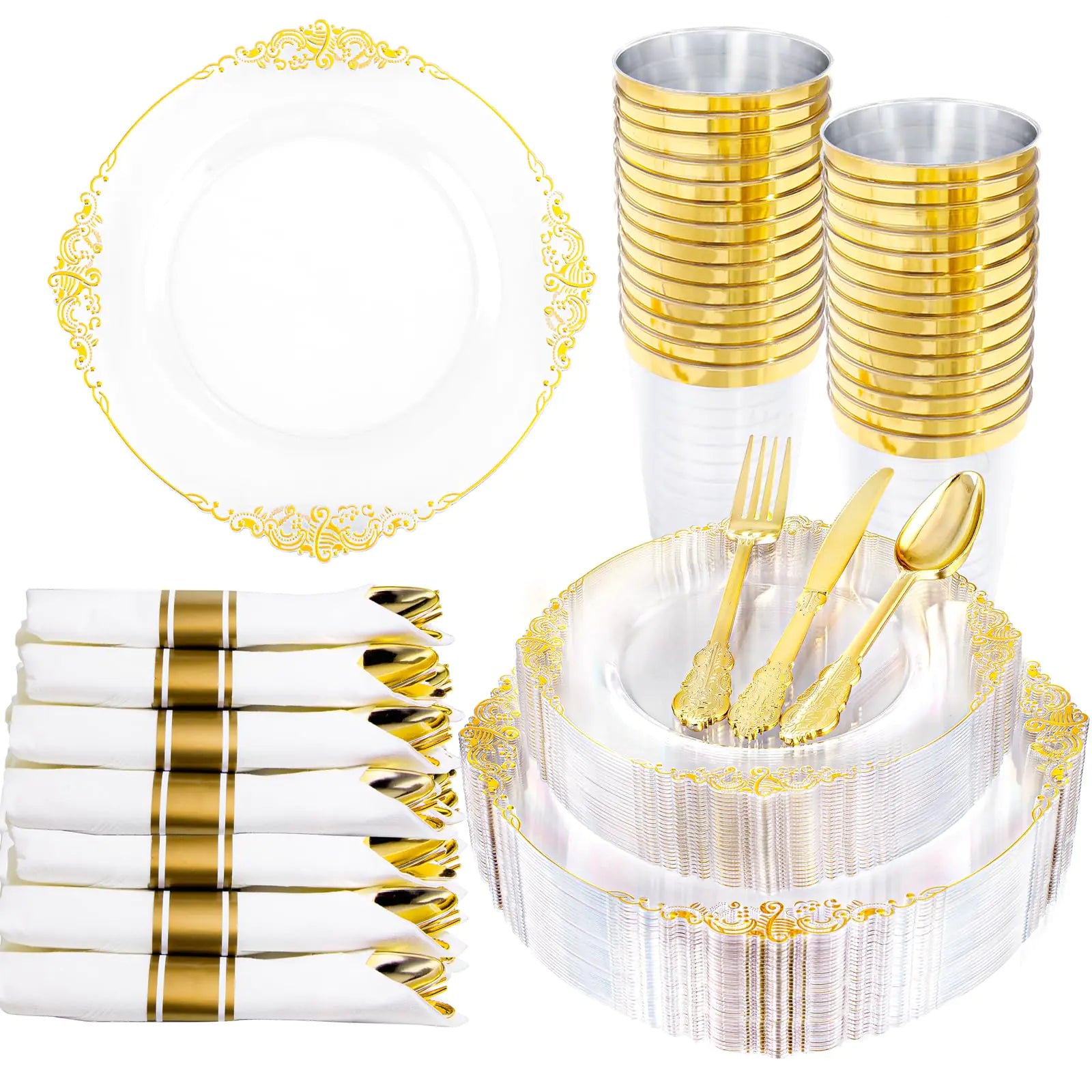 Hioasis 210pcs Clear Gold Plastic Plates - Clear Disposable Plates with Gold Trim Plastic Dinnerware Set Includes Dinner Plates Dessert Plates Cups Rolled Napkin with Cutlery for Weddding Party