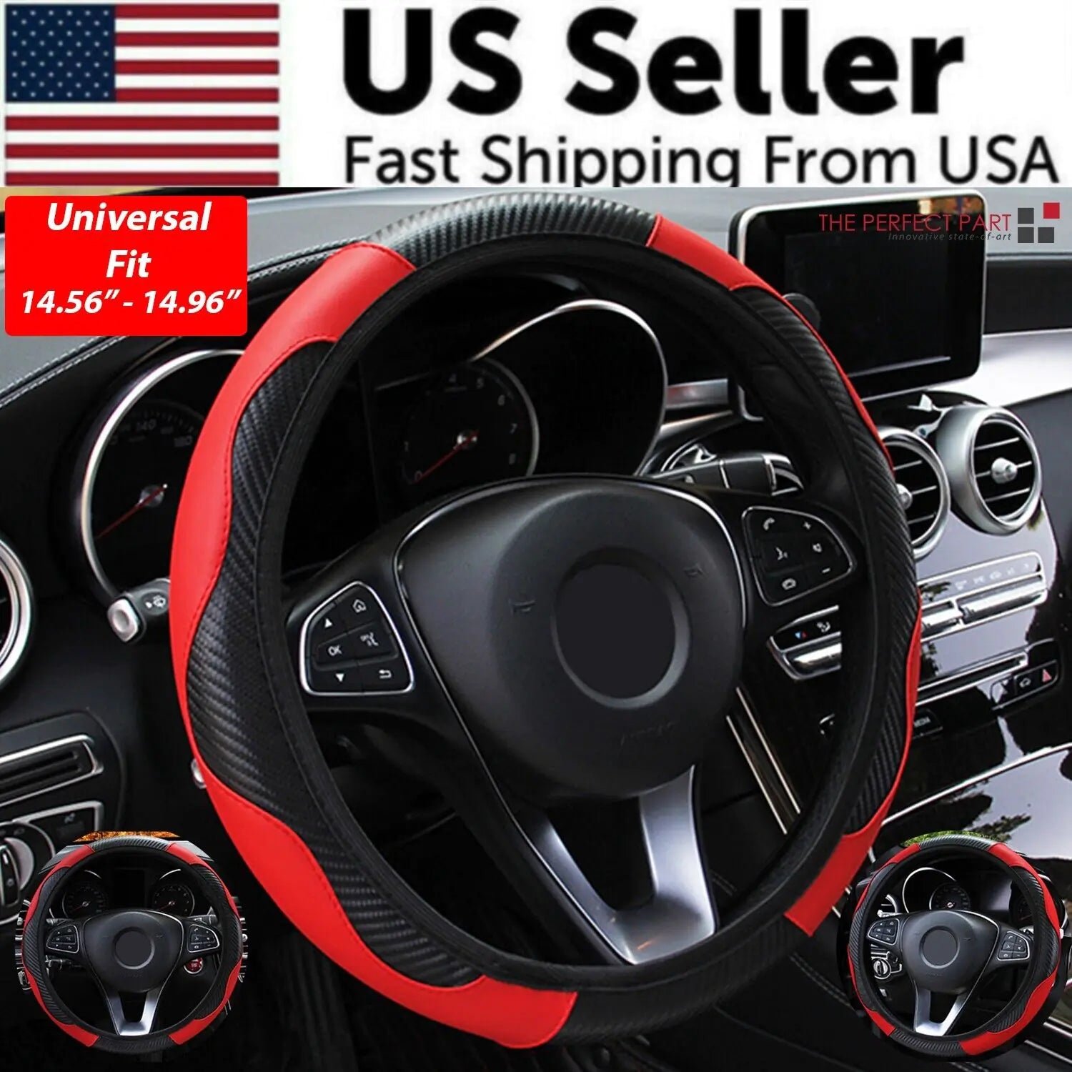 Car Steering Wheel Cover Red Black Leather Anti-slip For 15"/38cm Carbon Fiber