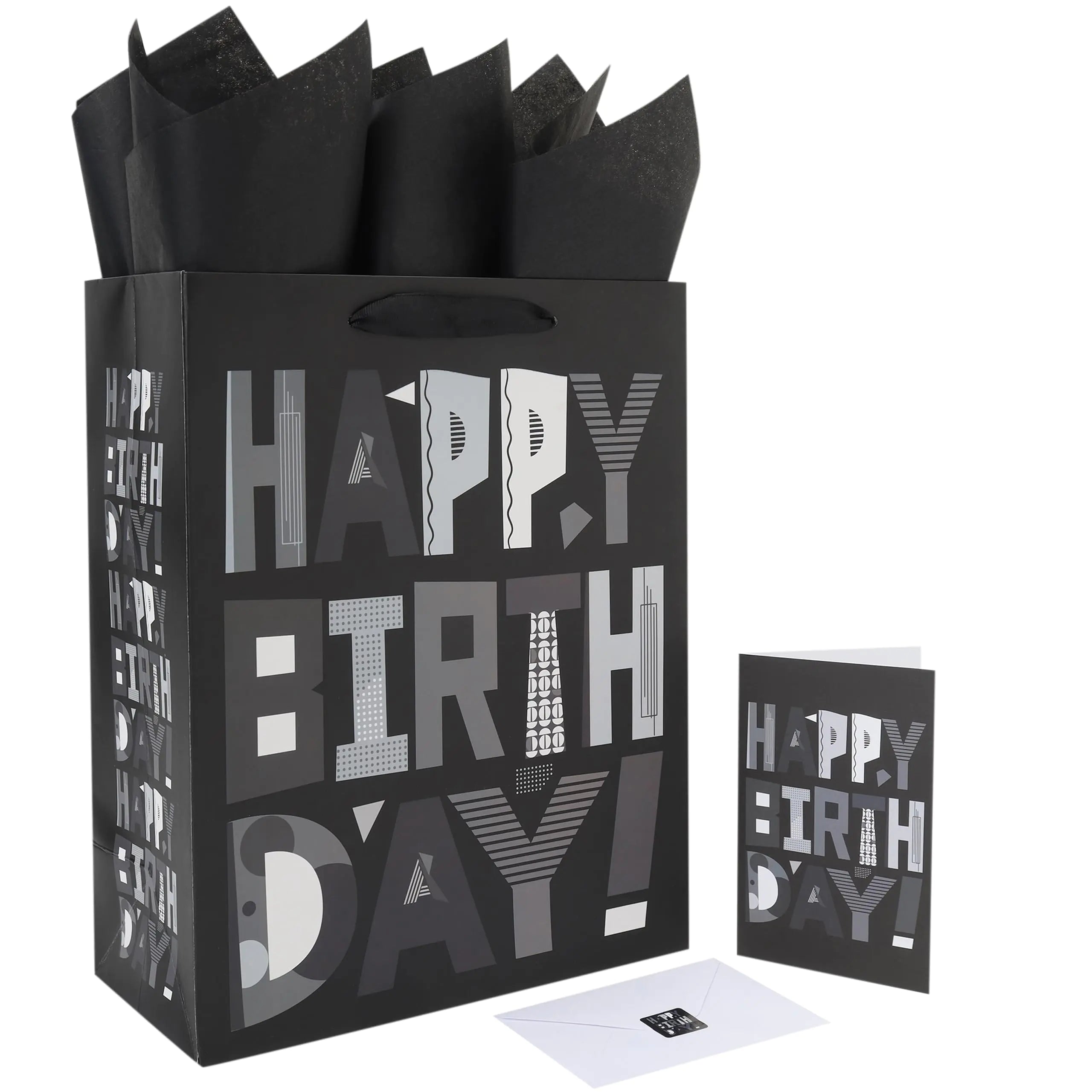 13” Large Black Happy Birthday Gift Bag Set with Handles Greeting Card Tissue Papers and Stickers for Women Men Girls Boys Kids Teens Cartoon Design 1 Pcs