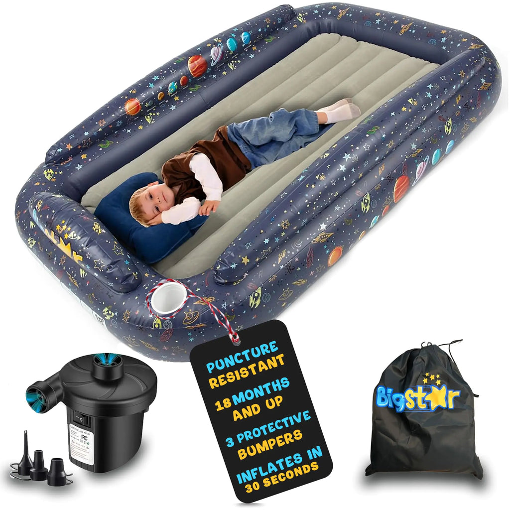 nflatable Toddler Travel Bed – Space-Themed 3-Sided Safety Bumpers – Portable Blow Up Bed for Kids Travel Sleepovers and Grandparents – 1 Year Manufacturer Warranty