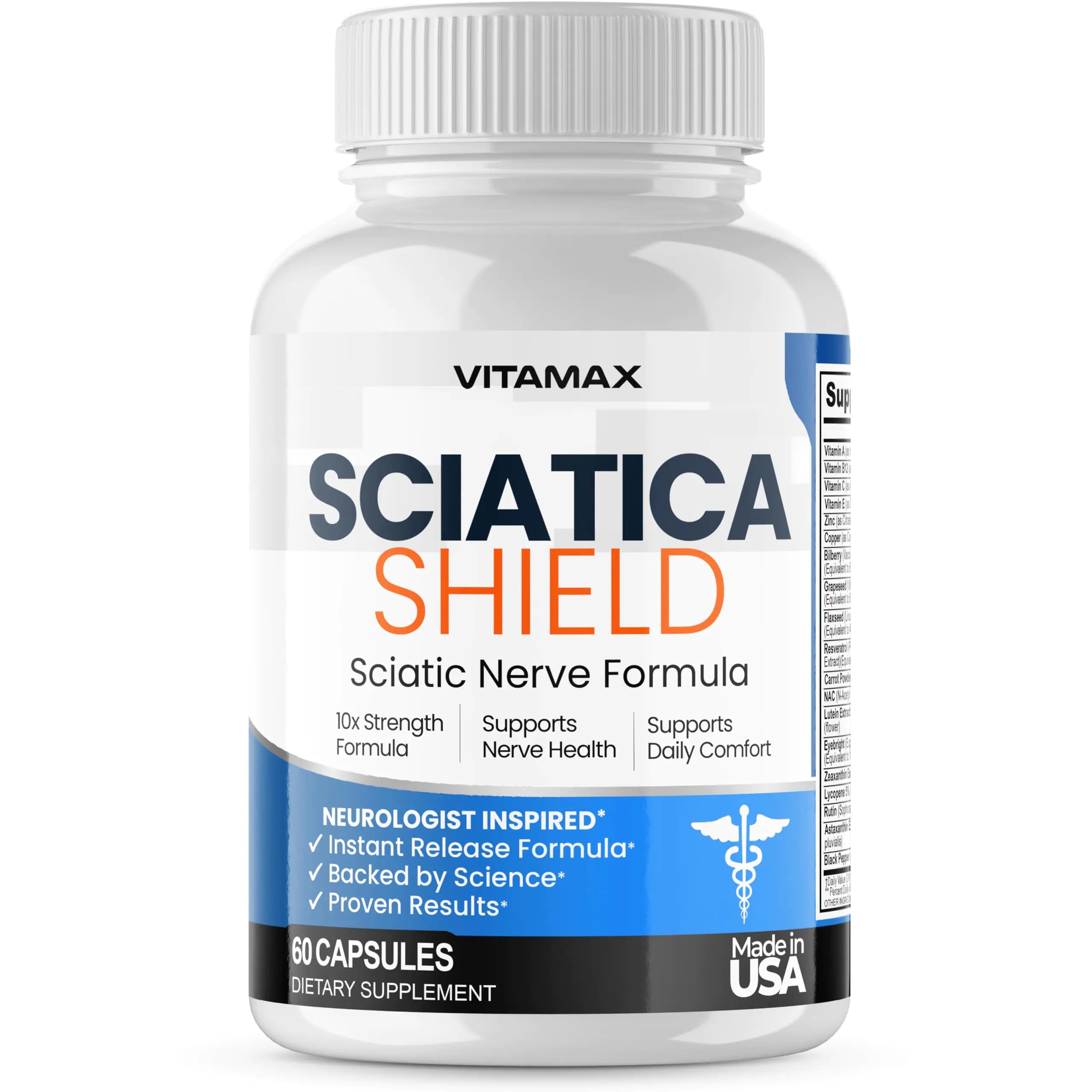 Sciatic Nerve Health Support Supplement – 10x Formula Alpha Lipoic Acid Folic Acid Turmeric Glucosamine MSM Vitamin B Complex - Made in USA – 60ct