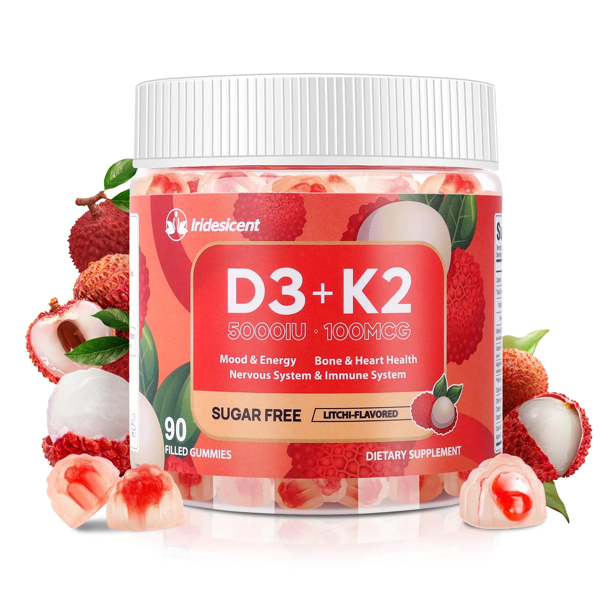 Vitamin D3 K2 Gummies w/Magnesium Sugar Free - 90 Count | D3 Vitamin 5000 IU + K2(MK-7) 100 mcg - Vegan K2 D3 Vitamin Supplement Highly Absorbent Supports Bone Muscle Mood & Immune(Lychee Flavor)