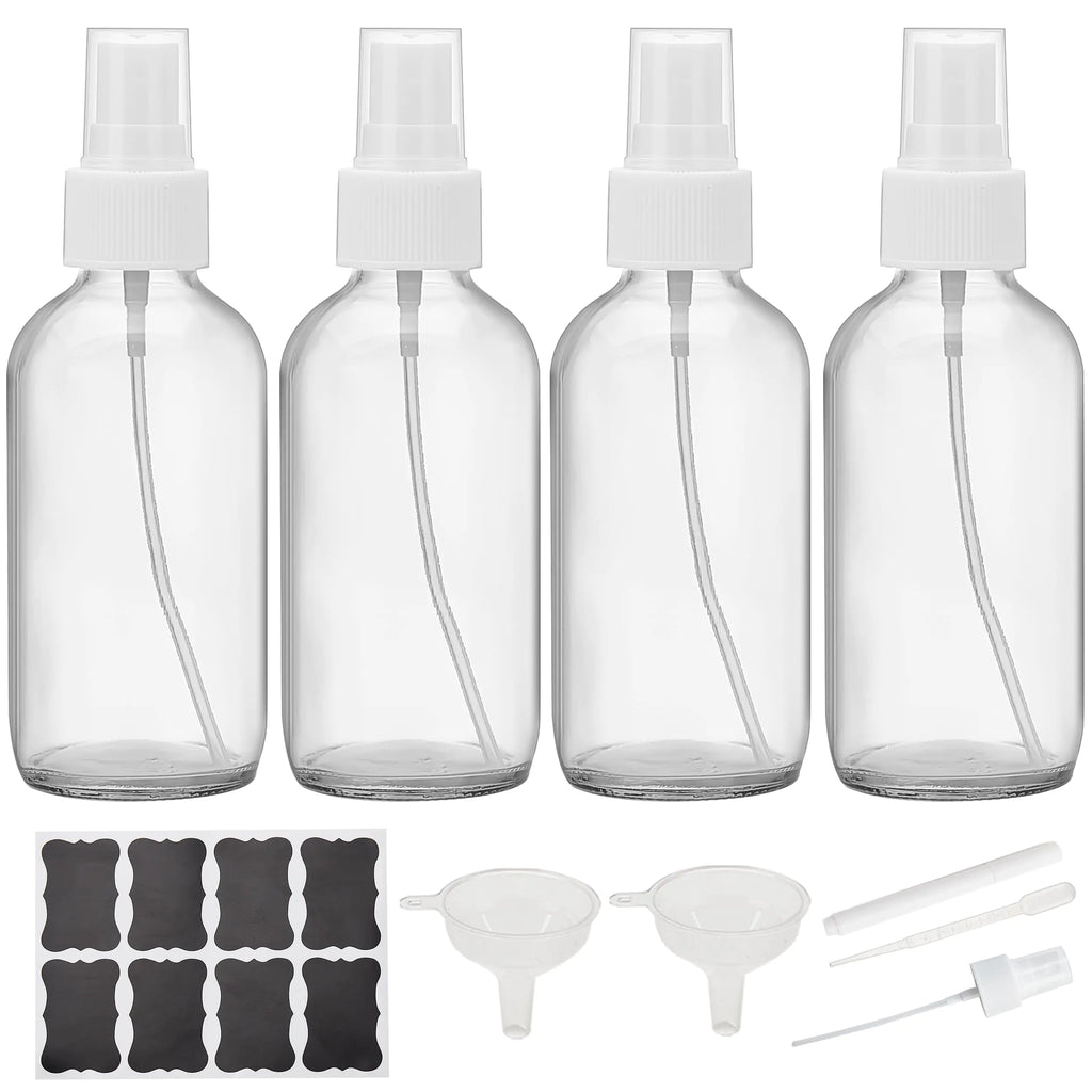 Bastelica Clear Glass Spray Bottles 4 oz Small Empty Spray Bottles for Essential Oils Fine Mist for Face Hair Plants Travel Perfumes Cleaning Solutions - 4 Pack