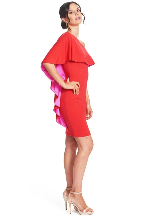 Shero Asymmetric Cape Dress - Red Bodycon Cocktail Dress with Contrast