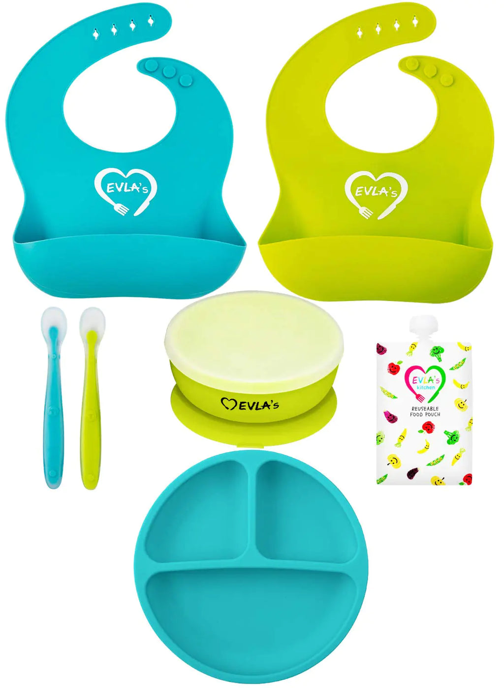 EVLAS Baby Feeding Set Baby Led Weaning Supplies Adjustable Silicone Bibs Divided Plate Suction Bowl with Lid Soft Spoons for Babies or Toddlers Baby Registry must have!