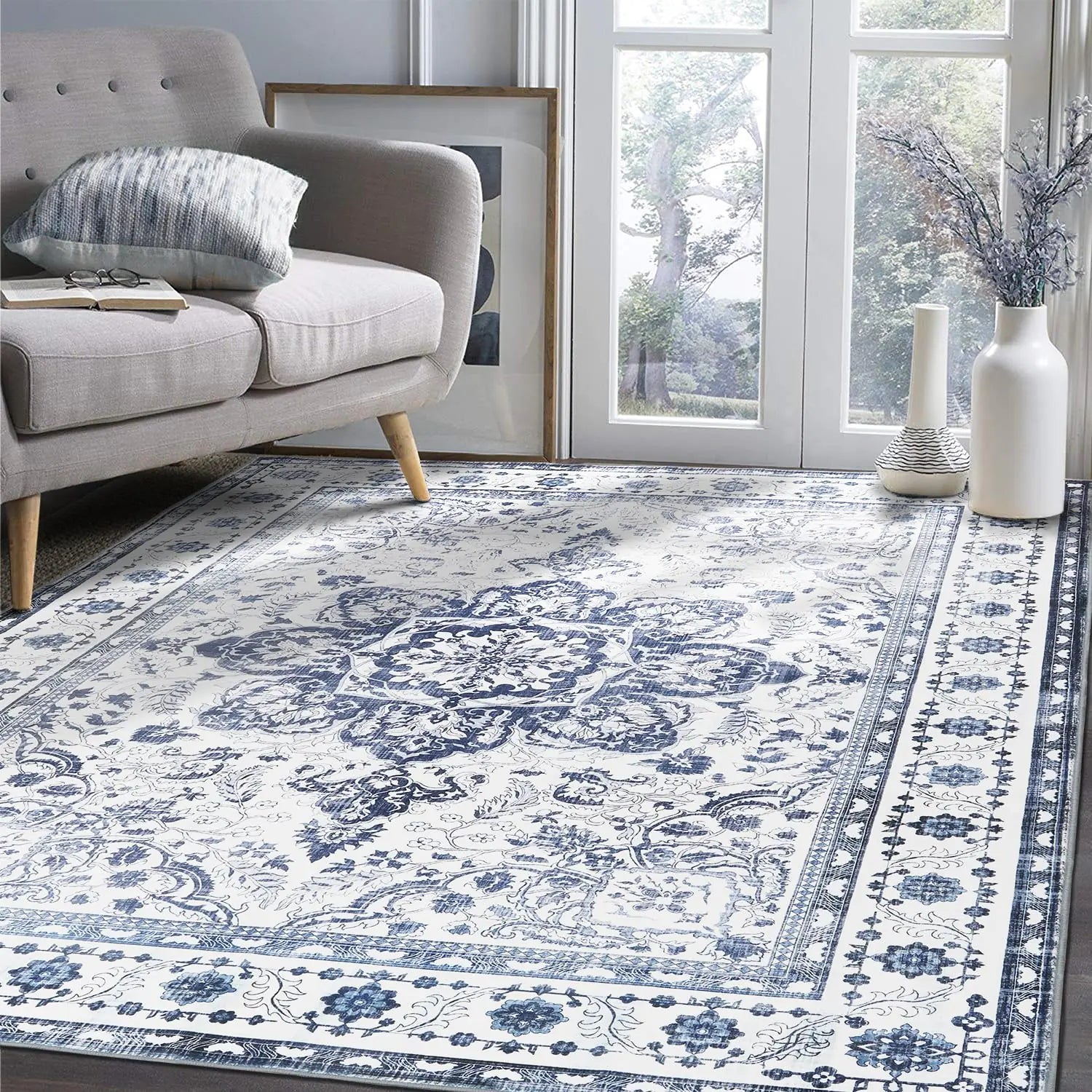 Machine Washable Area Rug 4x6 Ultra Soft Rugs for Bedroom Non Slip Non Shedding Low Pile Entryway Carpet for Dining Room Kitchen Dressing Room Office(Blue4x6ft)