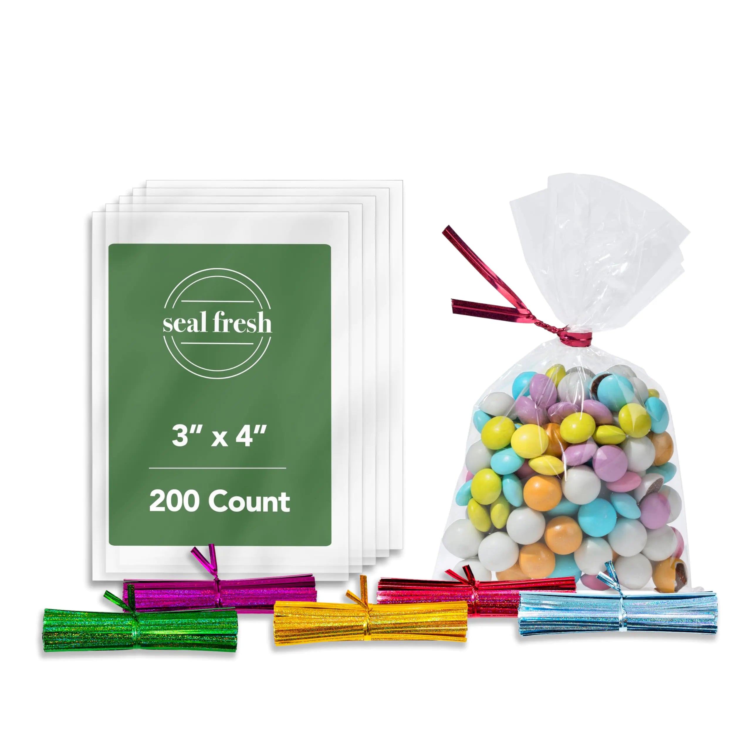 Seal Fresh Cellophane Treat Bags With 4" Holographic Laser Twist Ties (5 Colors) – 3" x 4" (200 Count) – Clear Cellophane Bags Cellophane Gift Bags Party Favor Bags Cookie Bags for Packaging Candy