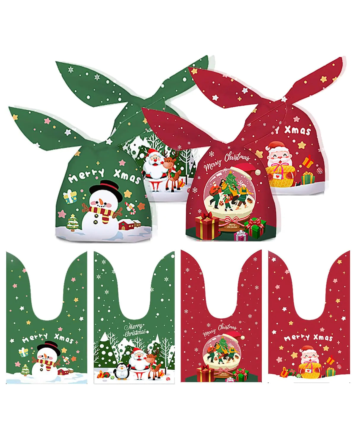 100Pcs Christmas Treat Bags 4 Style Christmas Gift Bags for Kids Rabbit Ear Candy Bags Cute Christmas Goodie Bags Christmas Cookie Bags for Christmas Party