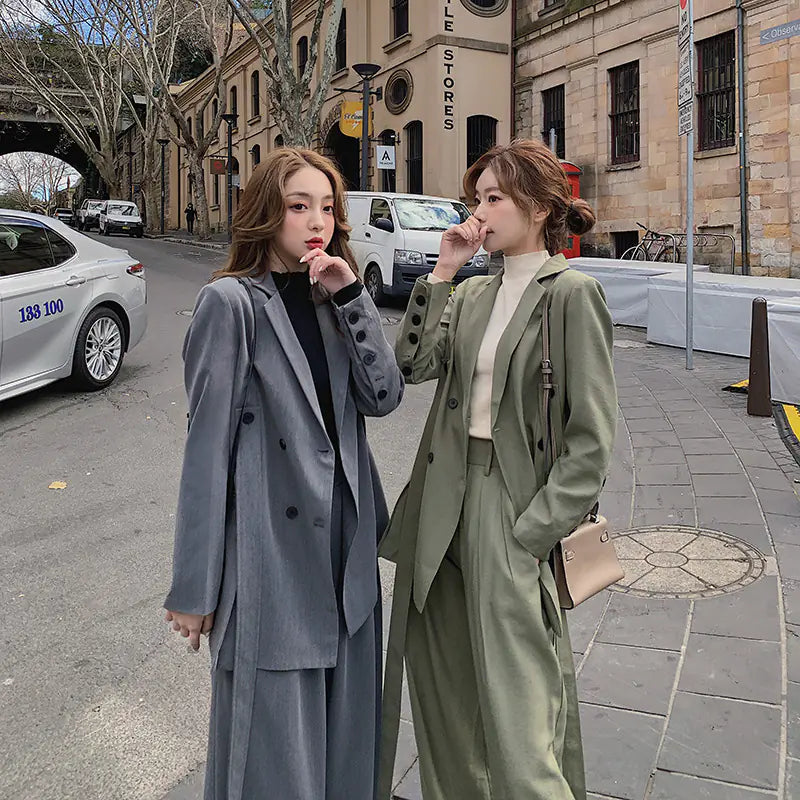 Women's Suit Set with Wide-Leg Pants and Sash