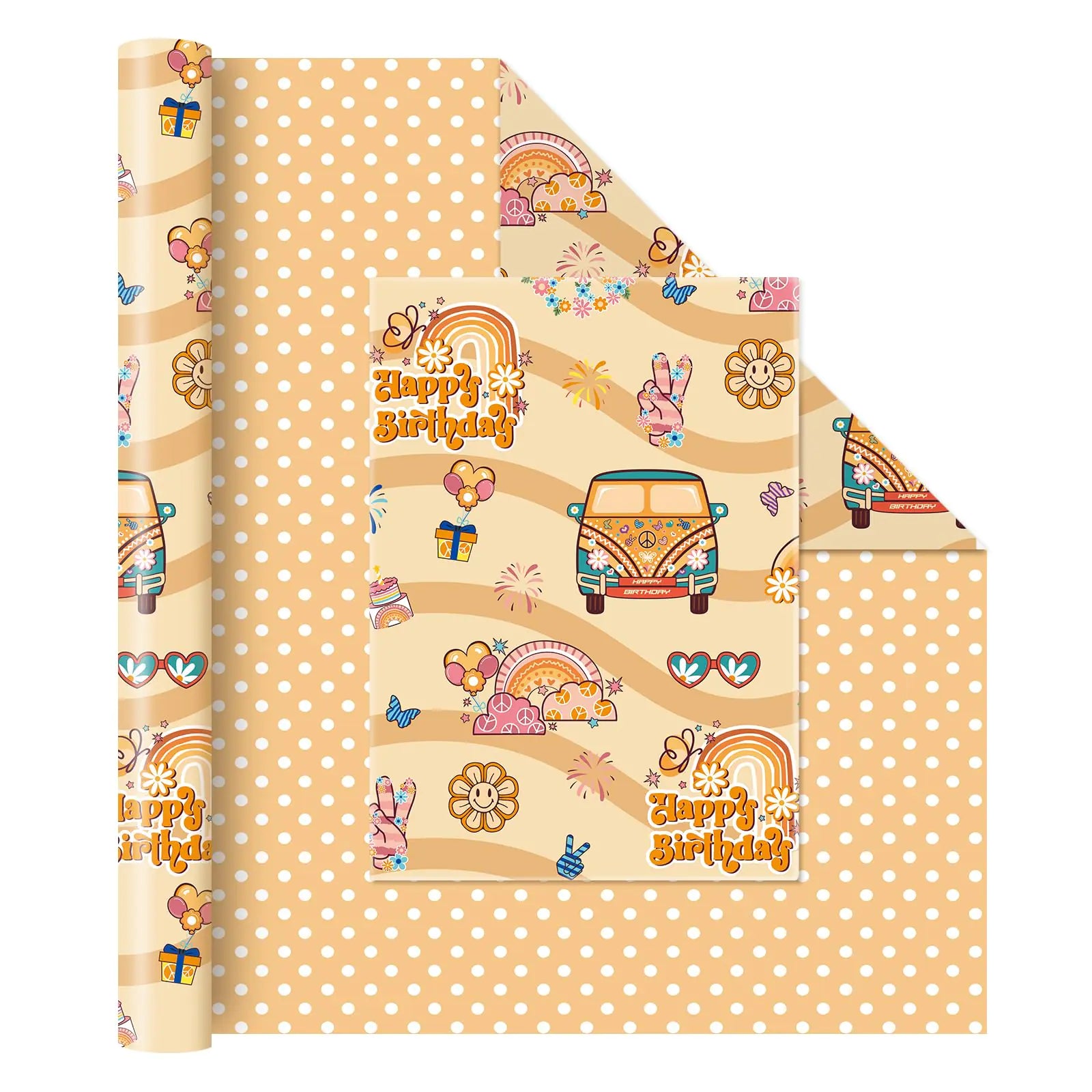 Hippie Gift Wrapping Paper for Kids - 1 Roll 17” x 33 ft Boho Wrapping Paper Brown Happy Birthday Wrapping Paper Hippie Decor Funny Holiday Gift Wrap Supply Dot Design Reversible