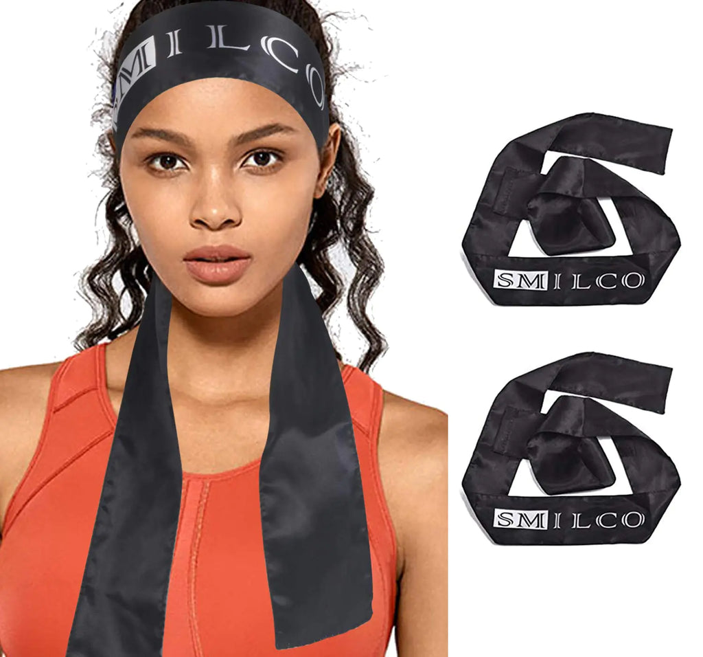 Smilco Black Satin Edge Laying Scarf Wraps for Hair Edge Wrap Wig Grip Bands 2 Pack Black (58 X 3 Inches) Ideal for Lace Frontals Makeup Sport Yoga Facial Mask