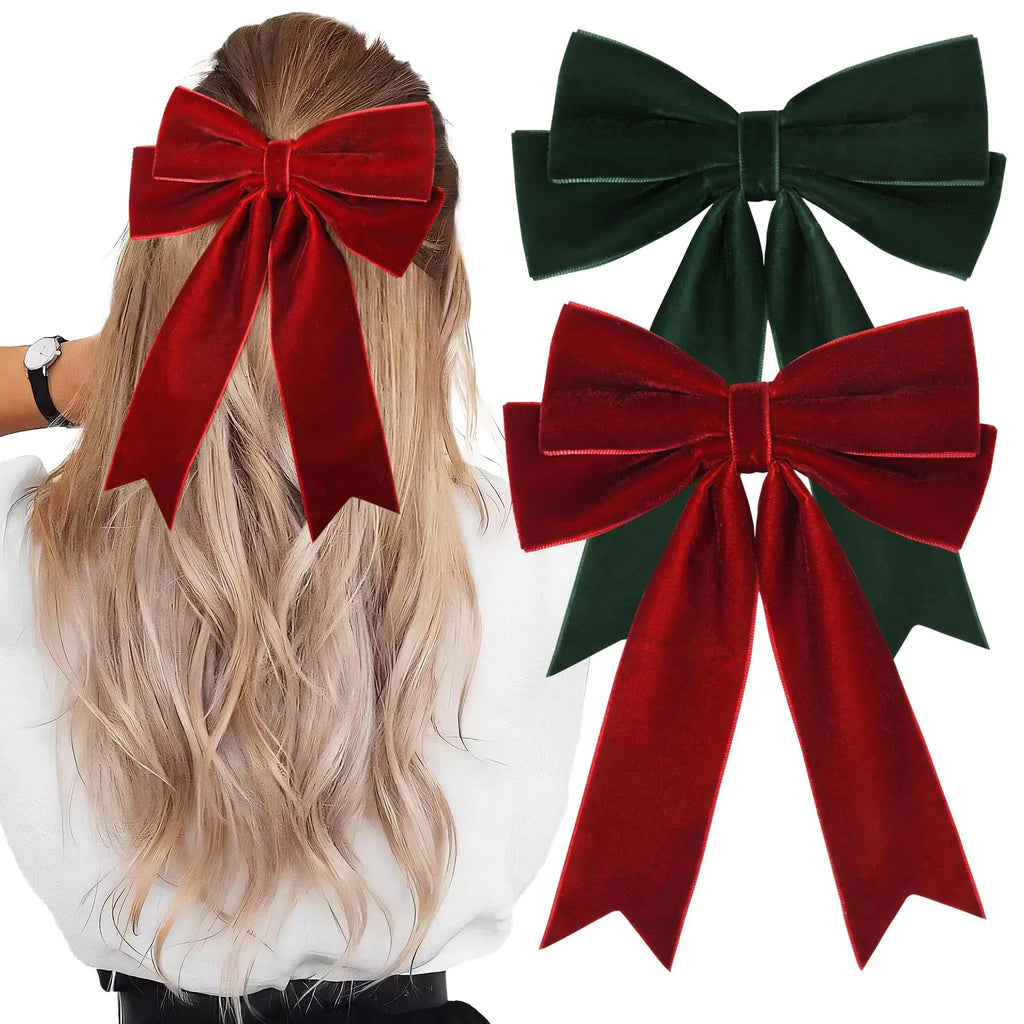 2PCS Velvet Bows Hair Clip Ribbon Green Red Accessories Ponytail Holder Hair Bow for Women Girls Toddlers Teens Kids