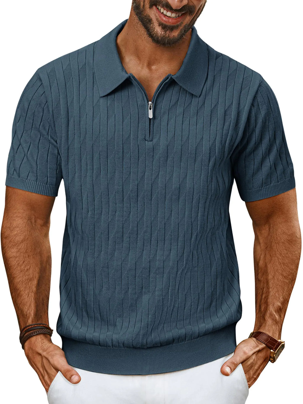 PAUL JONES Mens Polo Shirts Short Sleeve Textured Knit Polo Men Quarter Zip Polo T Shirts for Men Slim Fit Blue Gray