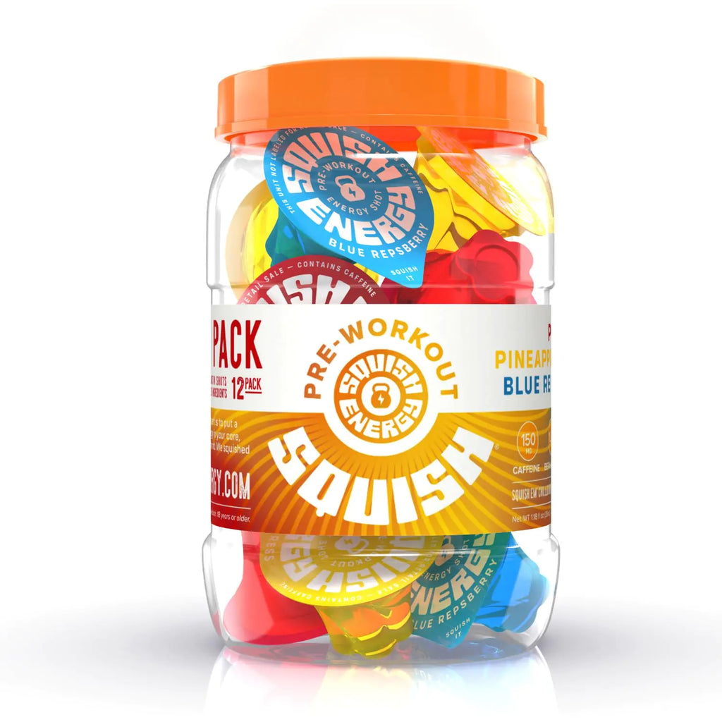 Squish Pre Workout Energy Shots Beta-Alanine Citrulline Caffeine L-Theanine Alpha-GPC Plant Based ingredients support and enhance workouts Blue Repsberry Pineapple Press PR Punch 12 ct. Jar
