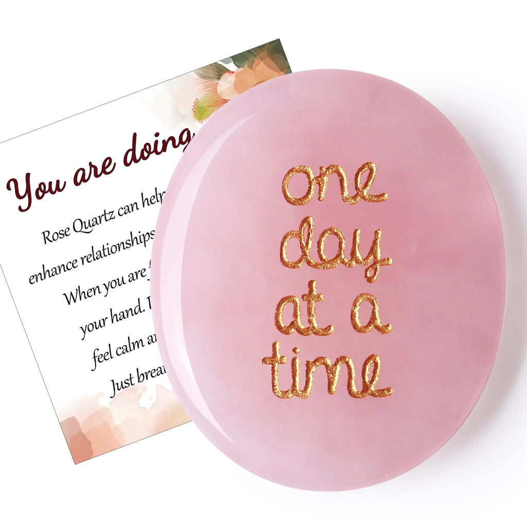QINJIEJIE One Day at A Time Rose Quartz Worry Stone Healing Crystal Thumb Stones Thinking of You Gifts for Anxiety Relief Items You Got This Valentines Day Gifts for My Love Gifts for Women