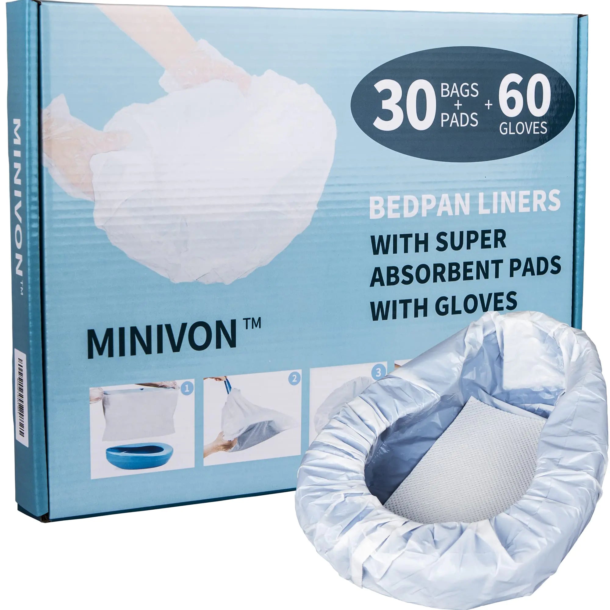 MINIVON Bedpan Liners with Super Absorbent Pads - Value Pack 30 Count - Bed pan Bag Disposable Pulling String Medical Grade & Universal Fit Bed Pan for Bedridden Patients Elderly Senior Bedbound