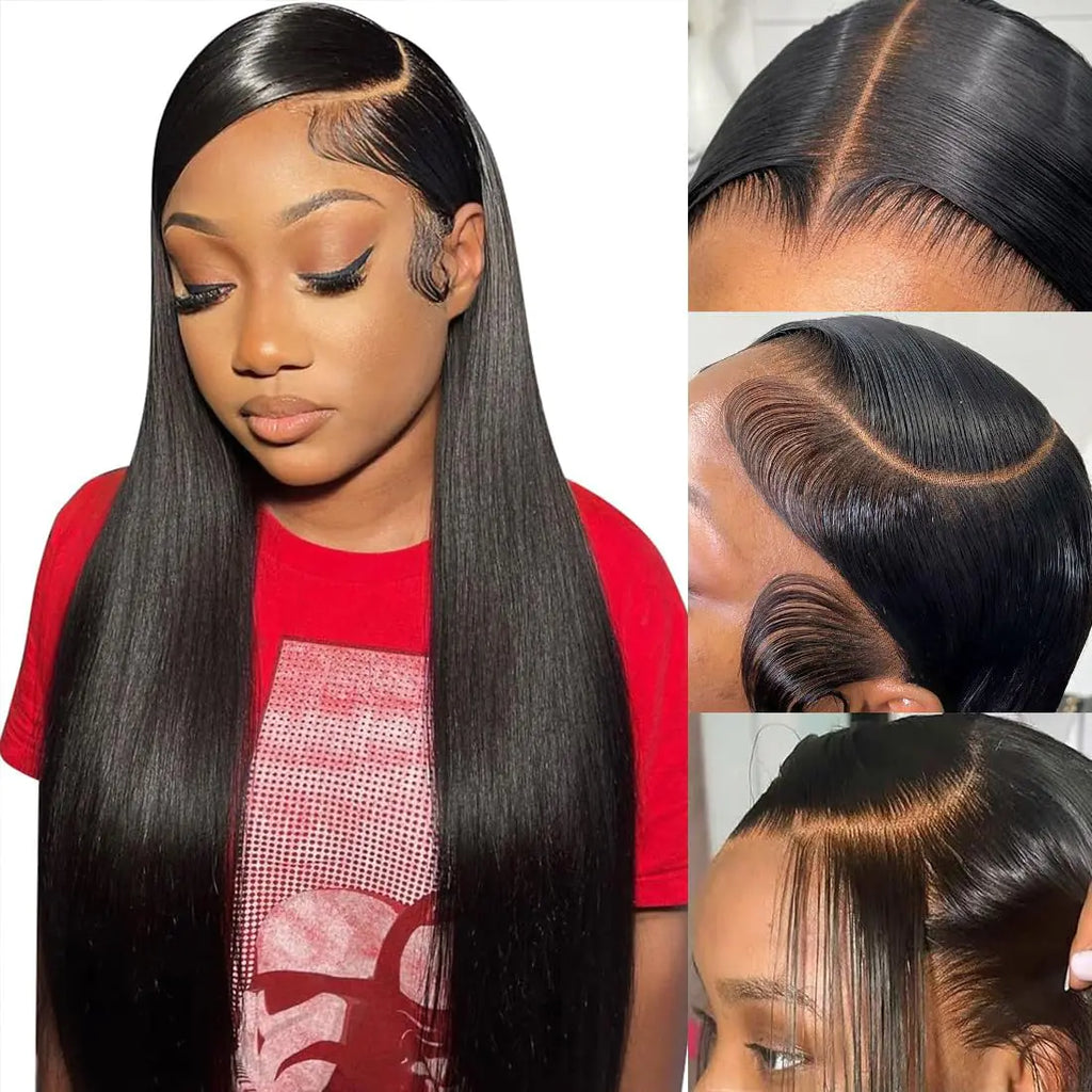 220 Density Straight 13×4 Lace Front Wig Virgin Human Hair Double Drawn Pre Plucked Bleached Knot Brazilian HD Transparent Lace Frontal Wigs with Baby Hair 22 Inch
