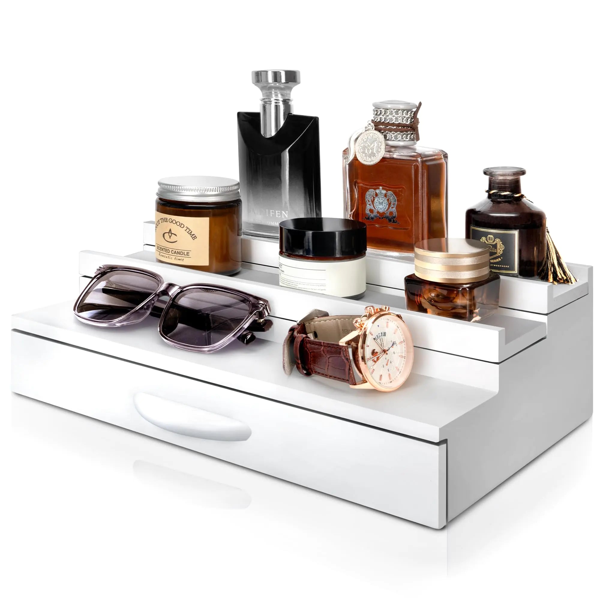 Decorative Cologne Organizer for Room Decor - 3 Tier Cologne Stand with Drawer and Hidden Compartment - Perfume Stand Organizer for Bedroom and Dresser (White)